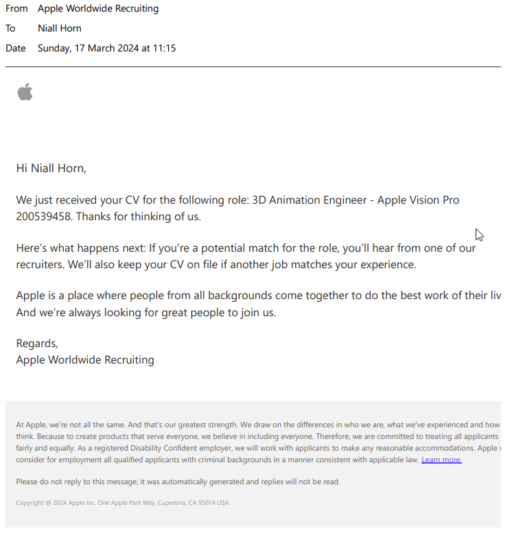 Screenshot of Apple recruitment email with inclusive hiring statement in the footer