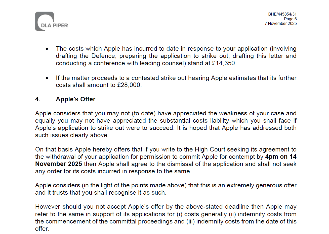 Section of the DLA Piper letter showing the cost breakdown and Apple's extremely generous offer