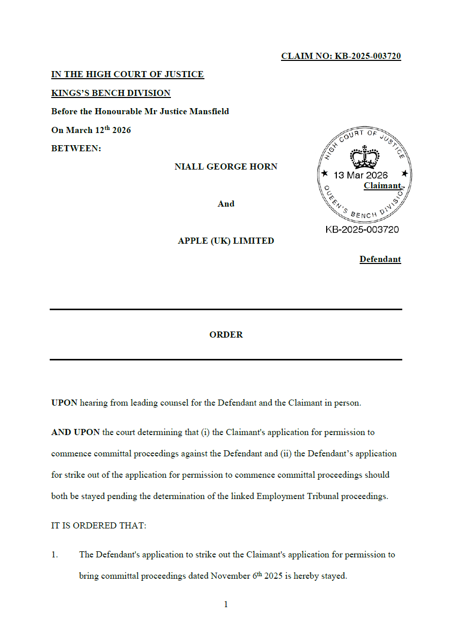Screenshot of the sealed High Court order in case KB-2025-003720