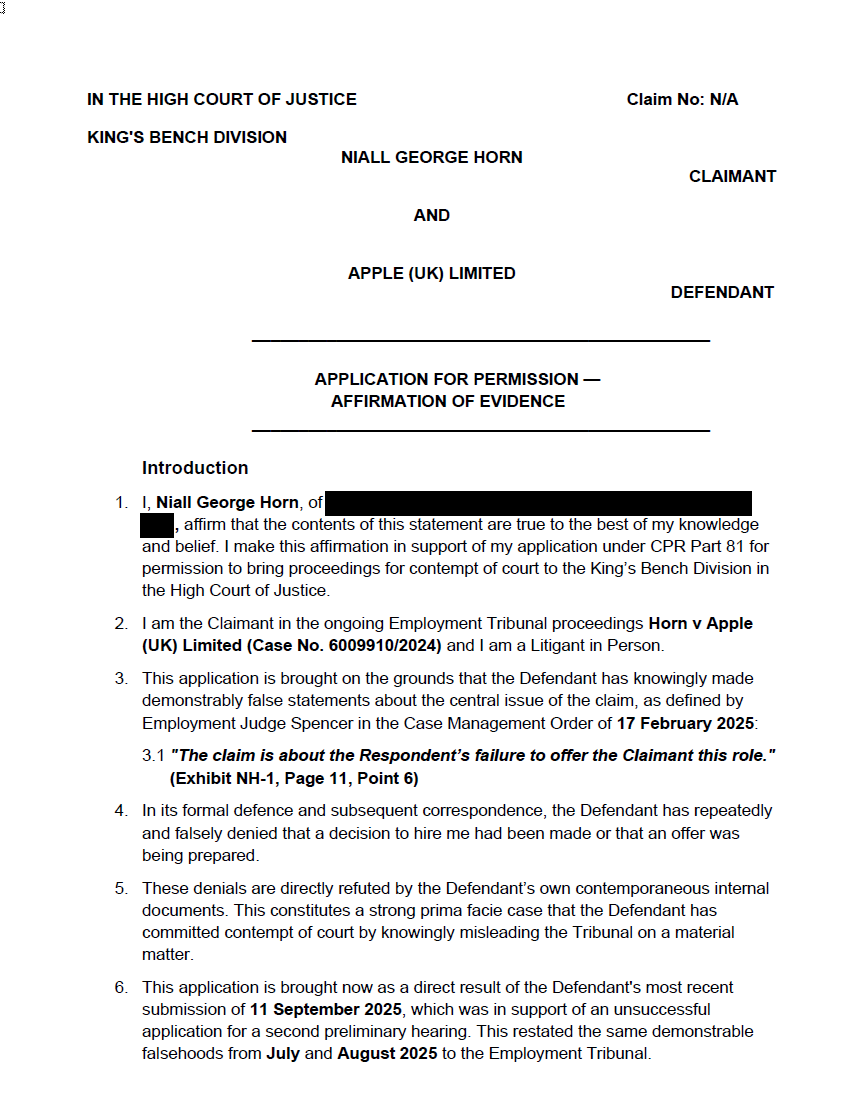 Front page of the High Court application to the King's Bench Division