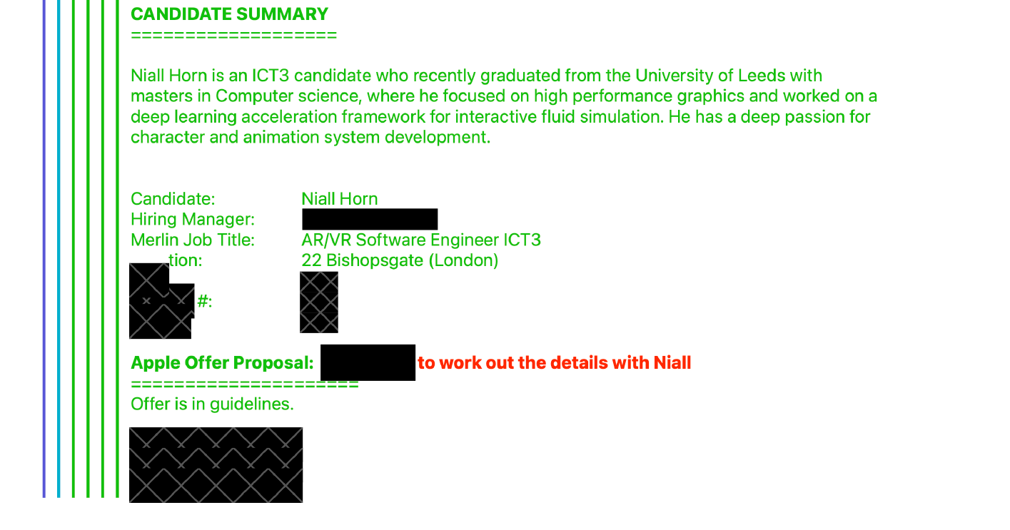 Apple internal document showing offer proposal for Niall Horn as AR/VR Software Engineer ICT3 at 22 Bishopsgate London, with text reading Offer is in guidelines