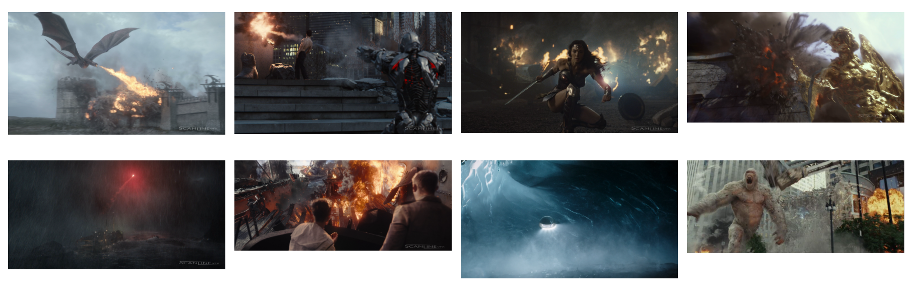 Collage of VFX simulation work from Scanline VFX projects