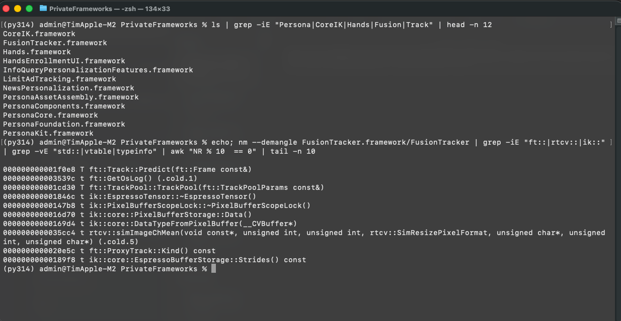 Terminal output showing demangled C++ symbols from XROS 26.2 including the Fusion Tracker pipeline