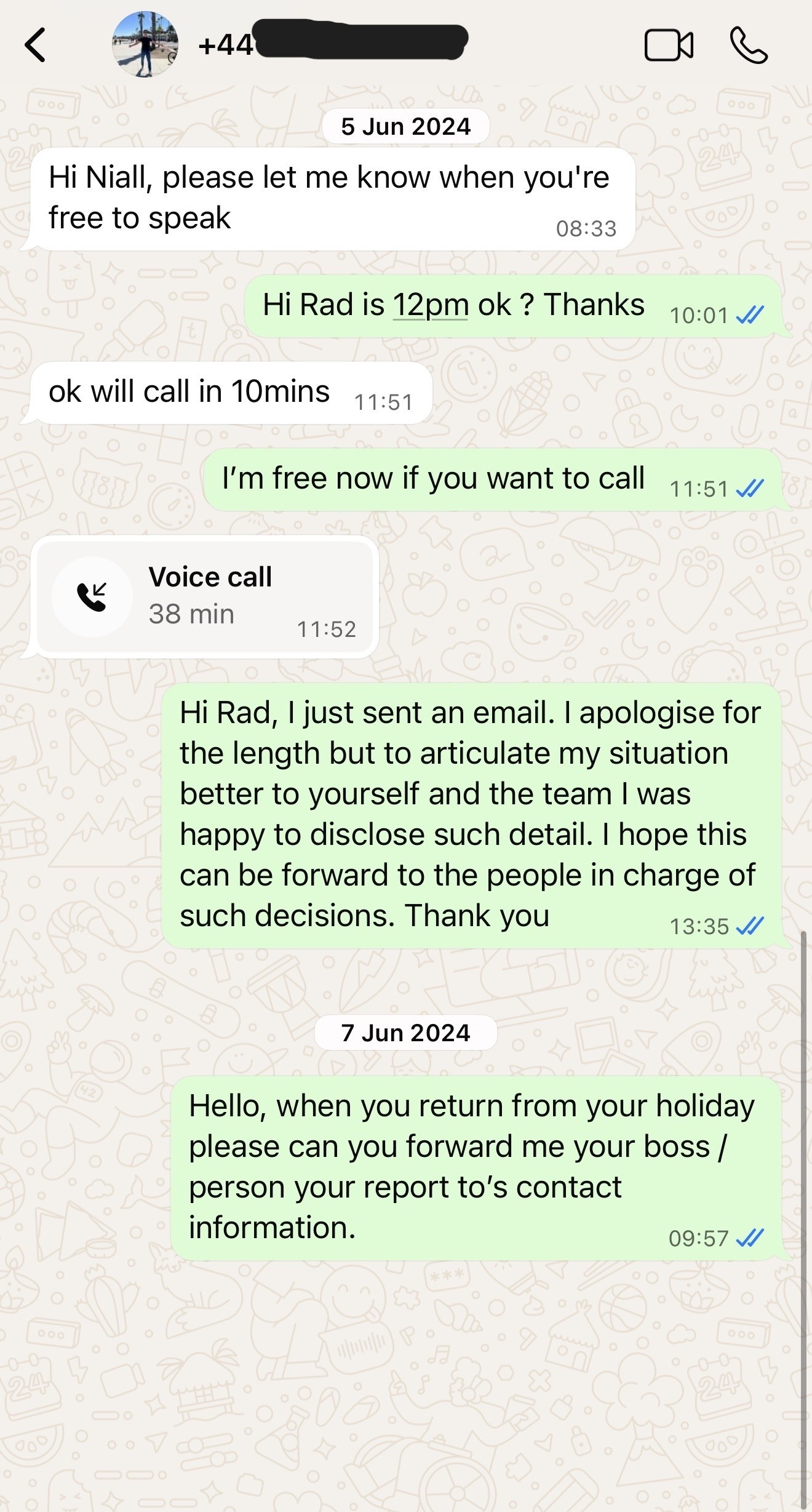 WhatsApp messages between Rad Akbari and Niall Horn, 5 June 2024