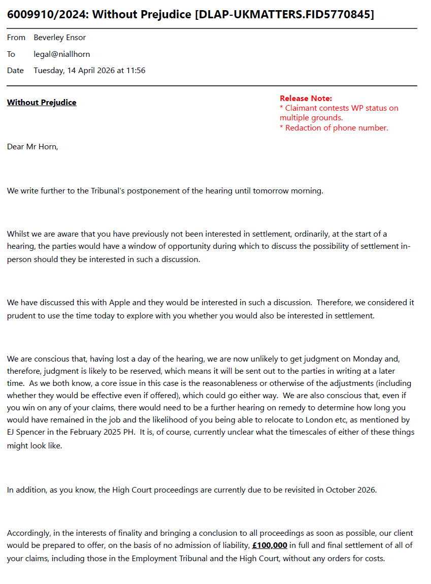 Apple letter, April 2026 — marked Without Prejudice, offering £100,000 to settle, one day before the hearing