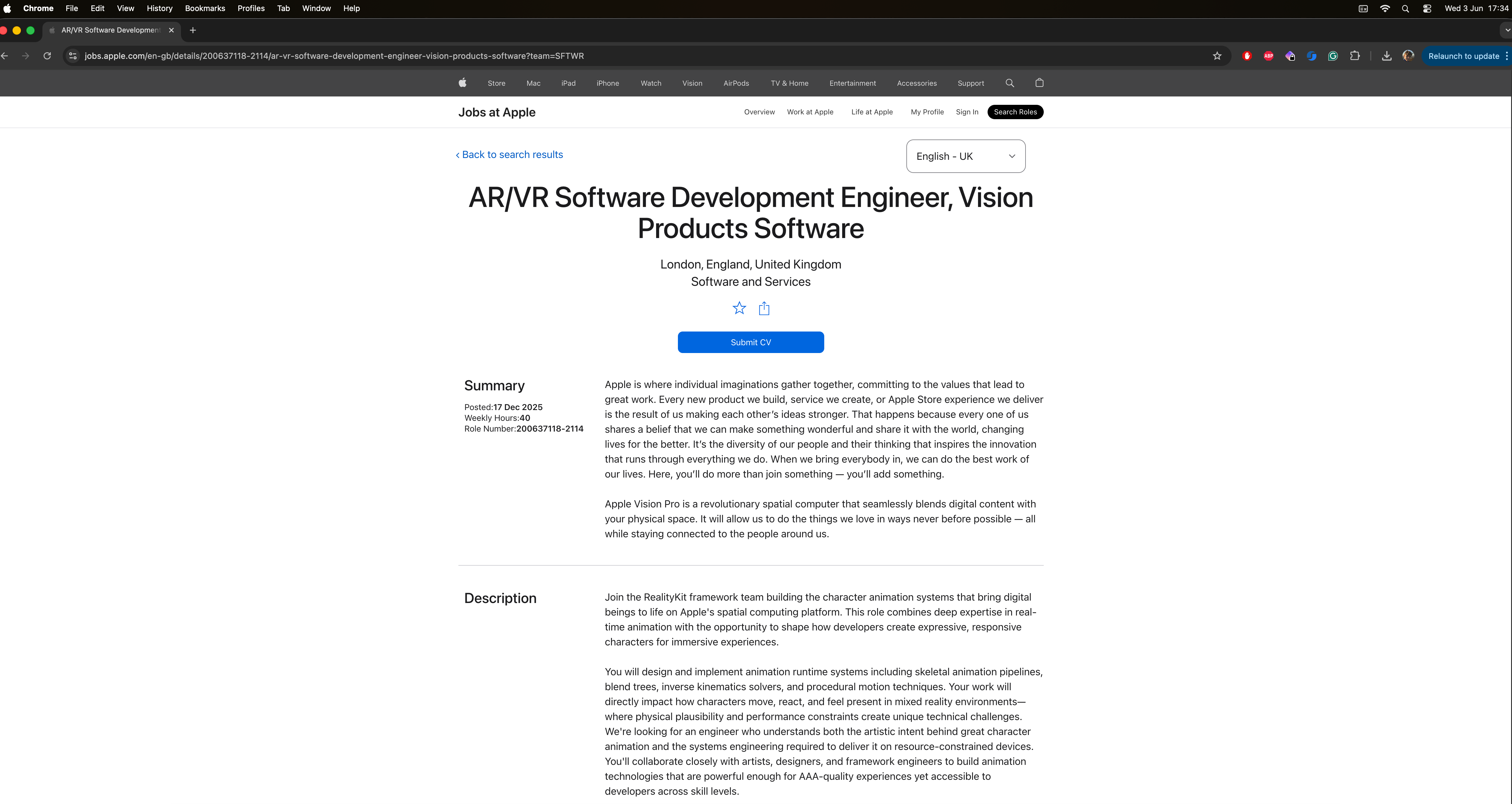 Apple's London Persona/Animation AR-VR engineer role still live on jobs.apple.com, June 2026