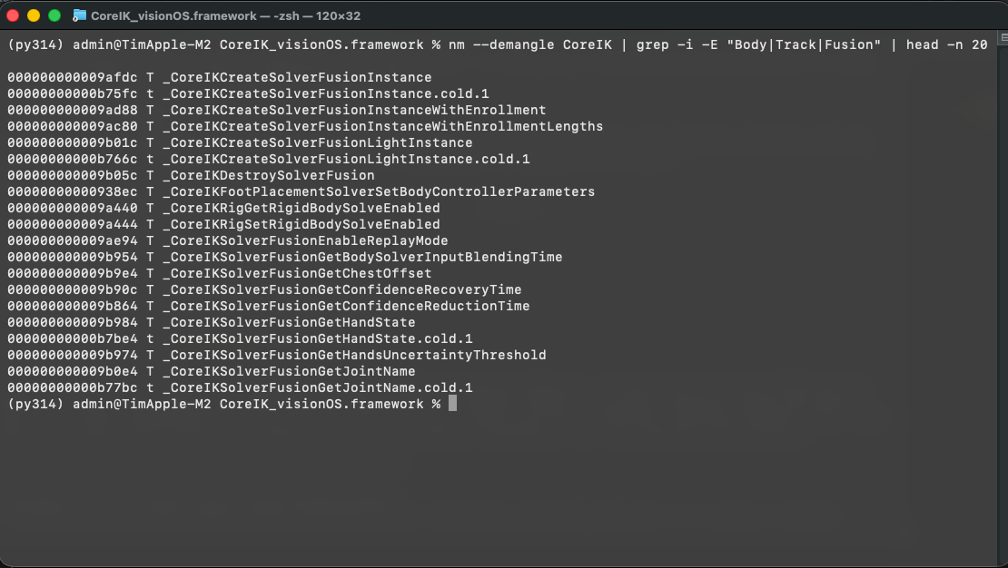 Demangled nm symbol dump of CoreIK showing the named CoreIKSolverFusion C functions